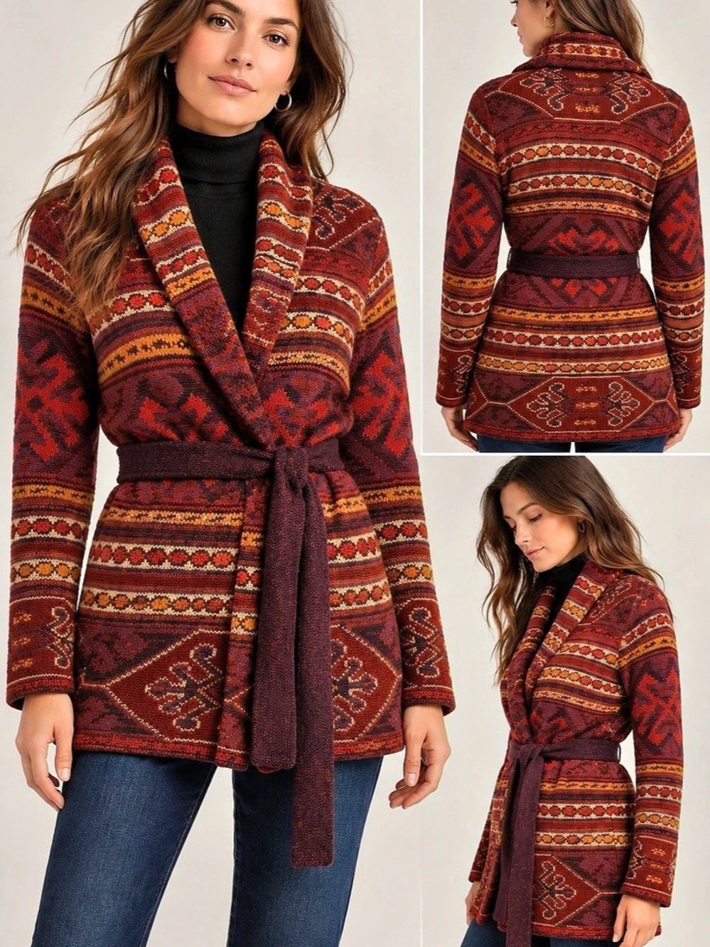 Vintage Lauren Ralph Lauren Hand Knit Southwestern Belted Cardigan M EUC